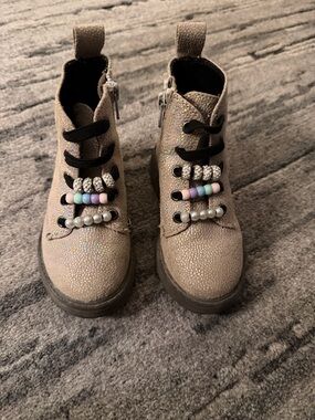 Tucker + Tate Glitter Beige Lace-Up Kids Boots with Pastel Bead Detail